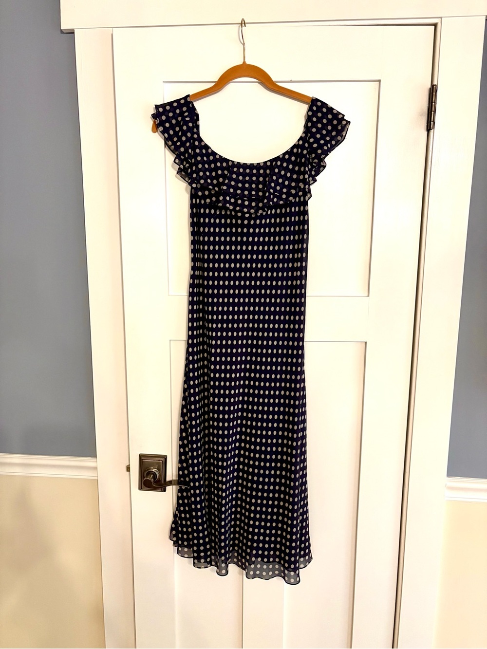Ralph Lauren Collection Navy Polka Dot Ruffle-Trim Midi Dress - Size 10 - NWT
